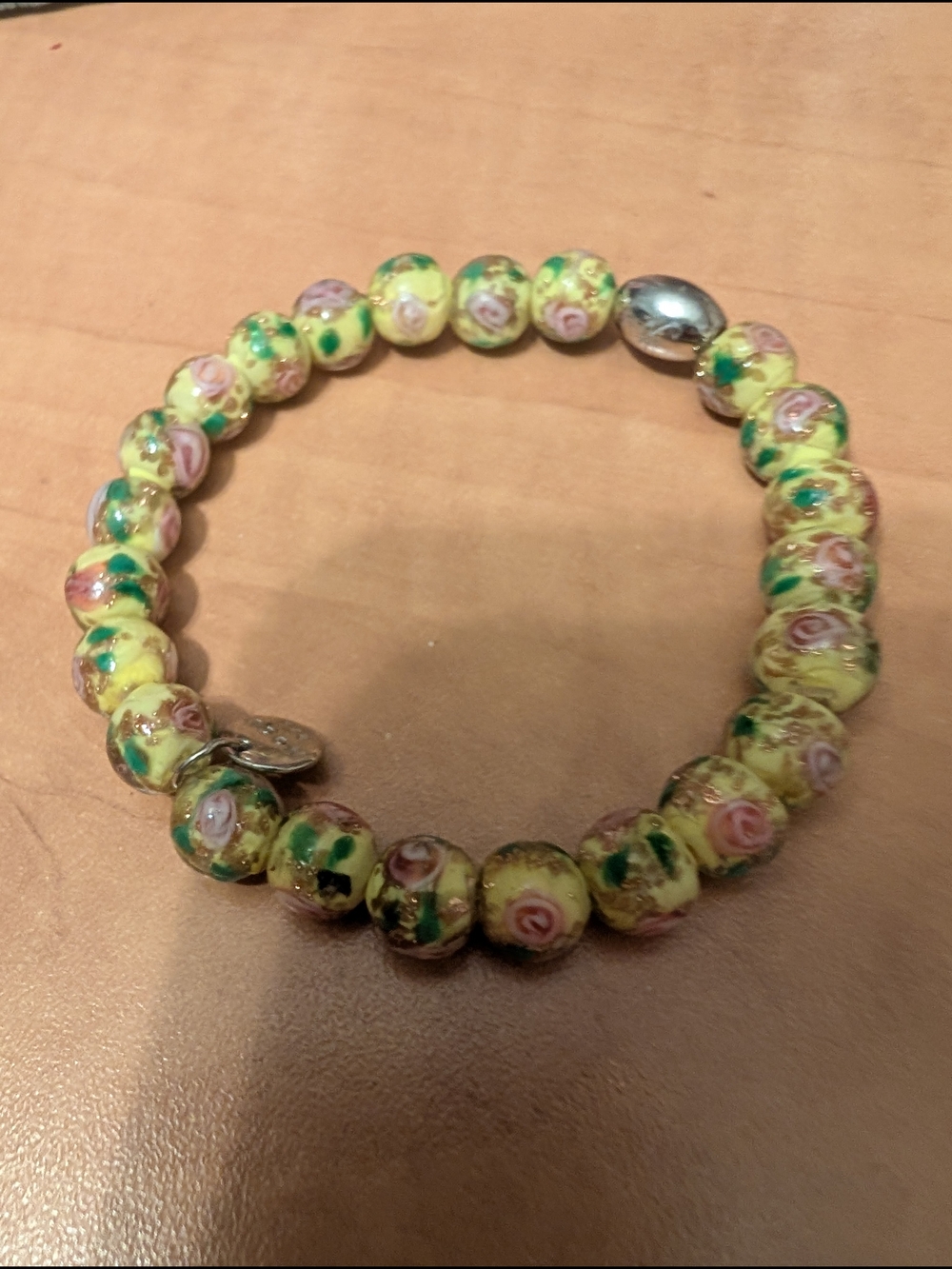 Yellow Floral Glass Bead Stretch Bracelet with Pink Rose Accents